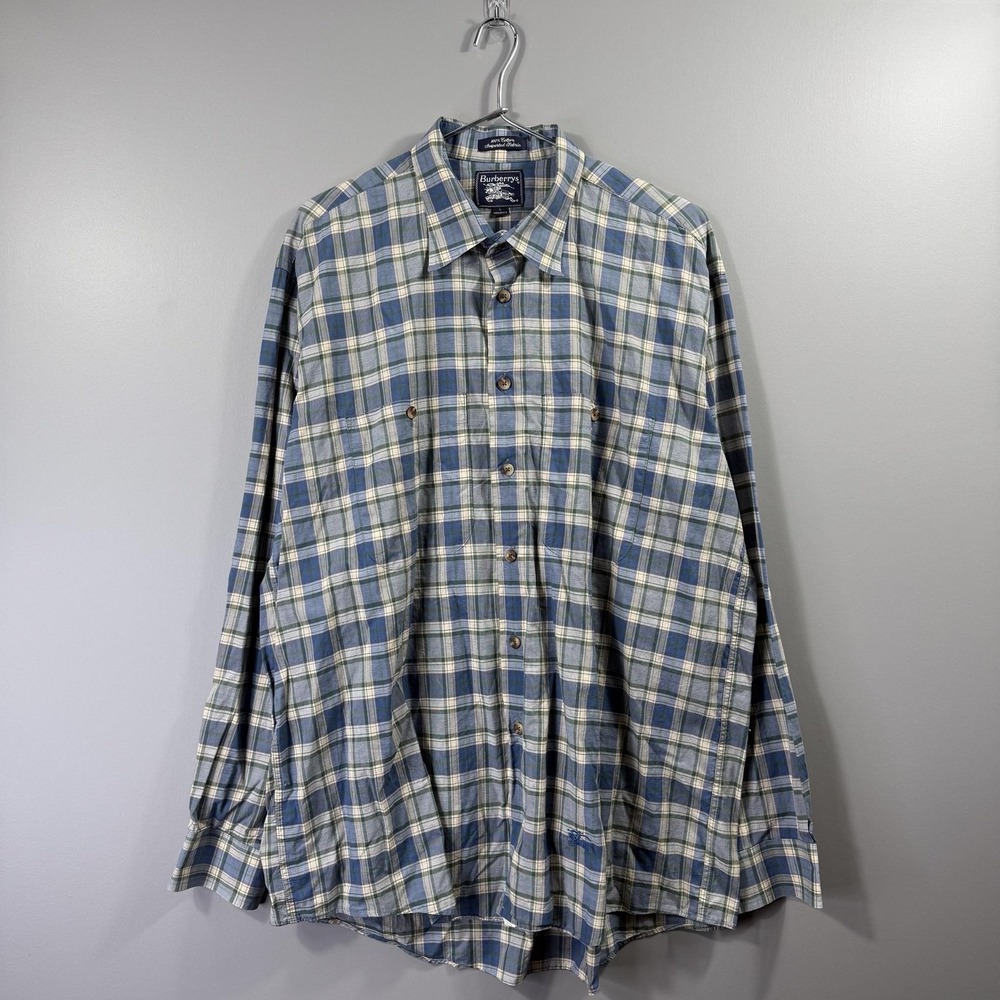 Vintage Burberrys Shirt Mens Large Blue Plaid Long Sleeve Button Down USA 90s